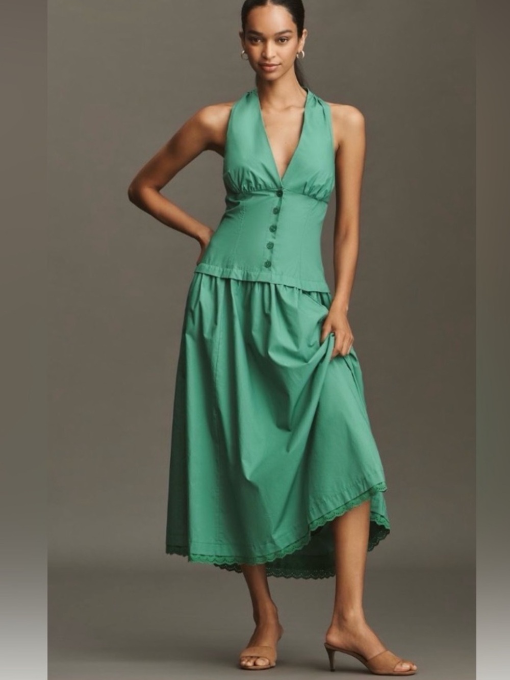 Maeve Halter V-Neck Drop-Waist Midi Dress